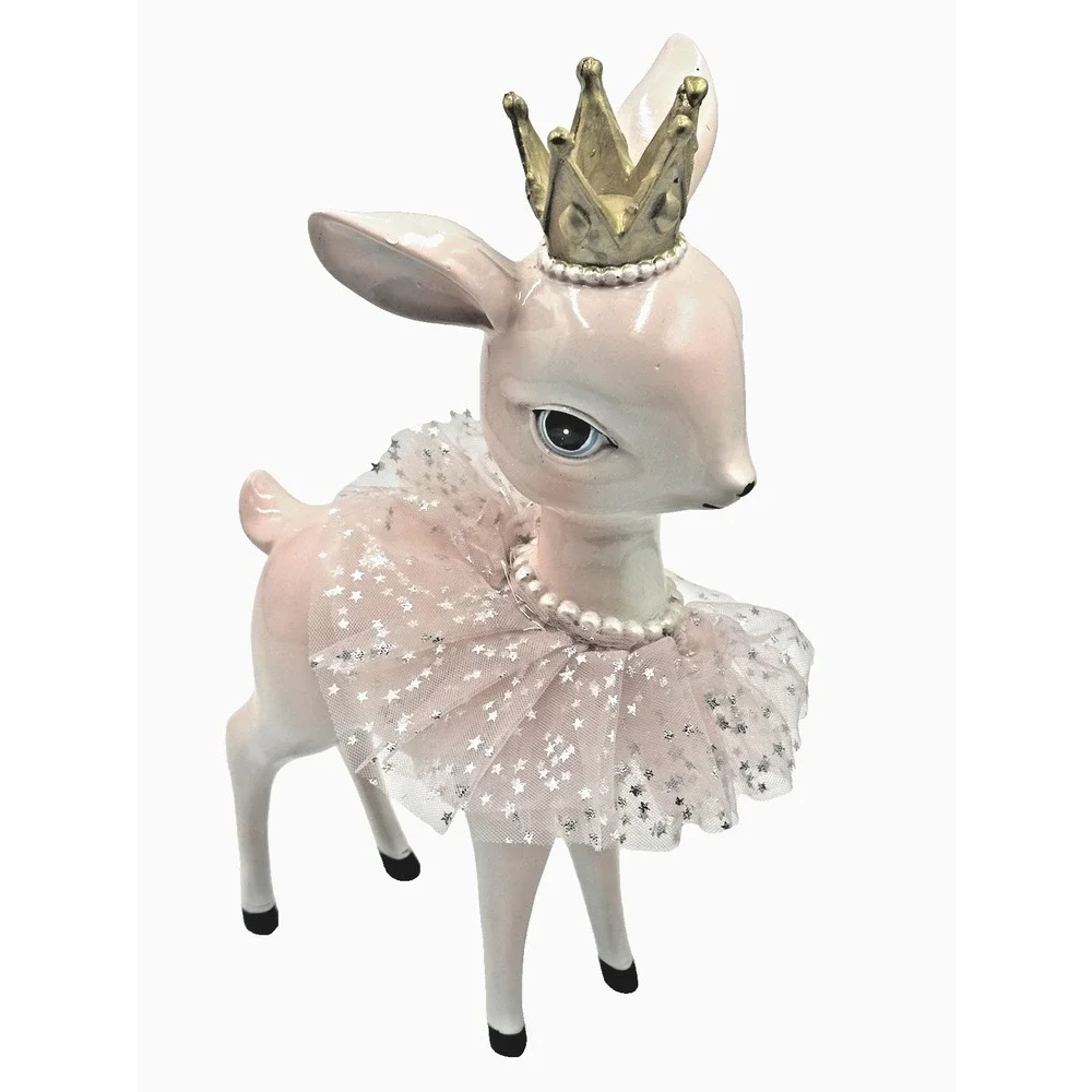 Bella Lux Pink Deer Figurine 10 Inch Crown Tulle Skirt Christmas Decor Princess